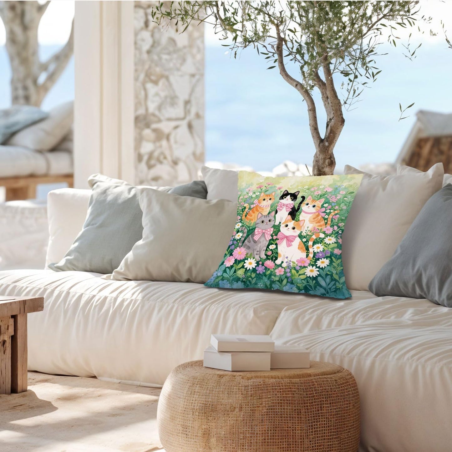 Coquette Pink Bow Cat Pillow Covers 18x18, Cat Room Decor, Cottagecore Wildflowers Cute Kitty Aesthetic Decorative Throw Pillow Covers Pillowcases for Bedroom Living Room Home Decor