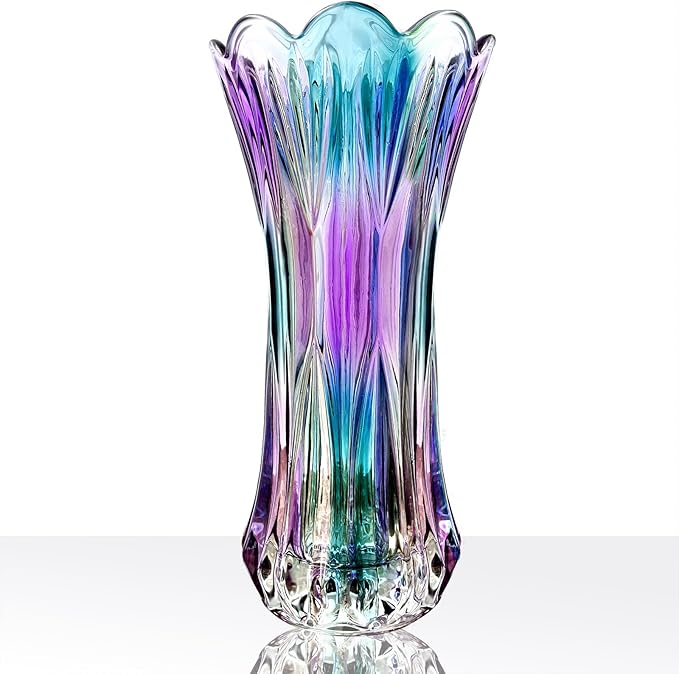 11.2 Inch Glass Vase-Iridescent Purple and Teal Thickened Cylinder Colorful Flower Vase Decor for Home Dining Table Centerpiece Office Wedding Holiday Party
