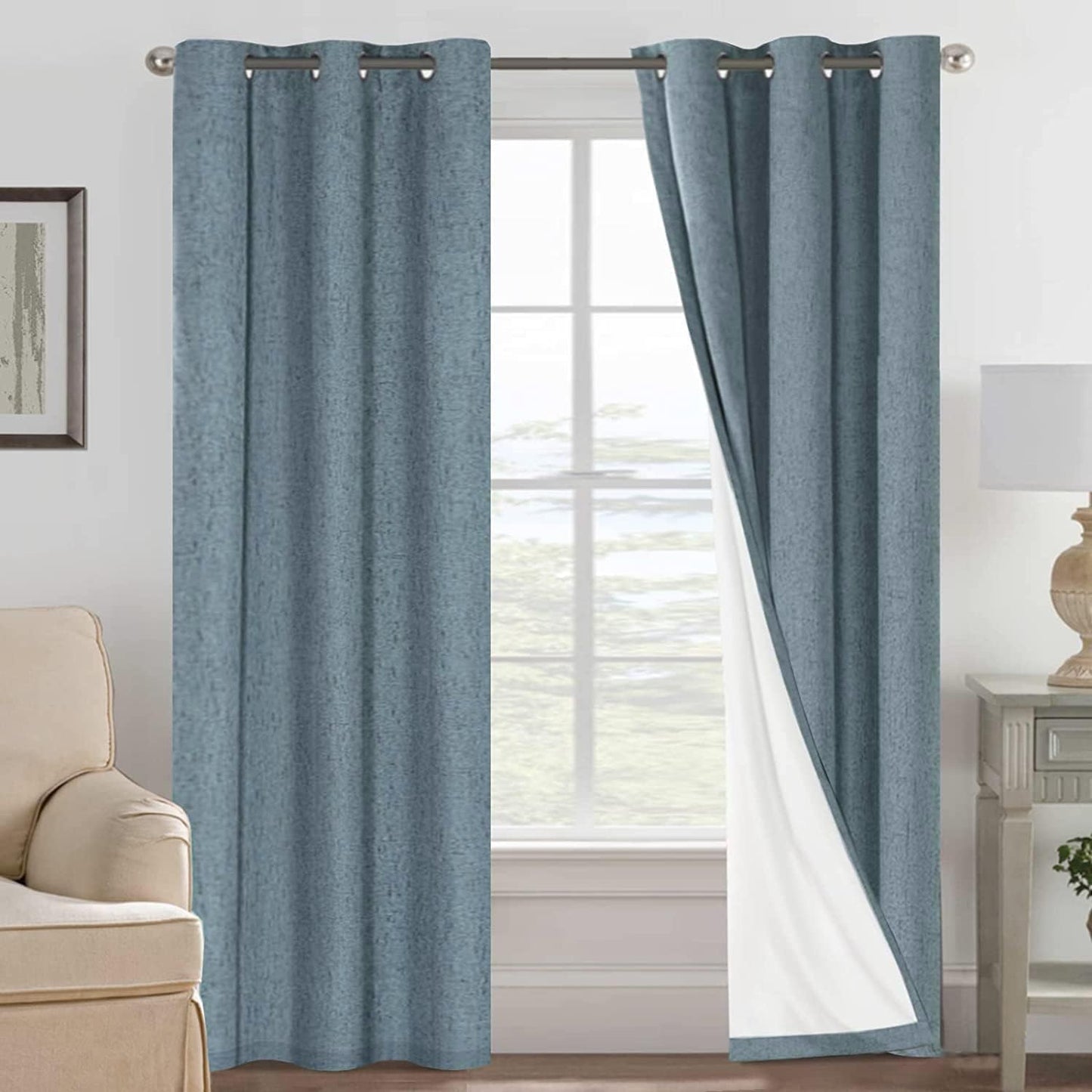 H.VERSAILTEX Primitive Linen Curtains 100% Blackout Curtain Drapes Burlap Curtains with White Thermal Insulated Liner, Grommet Top Drapes Living Room/Bedroom (2 Panels, 42 x 84 Inch, Stone Blue)