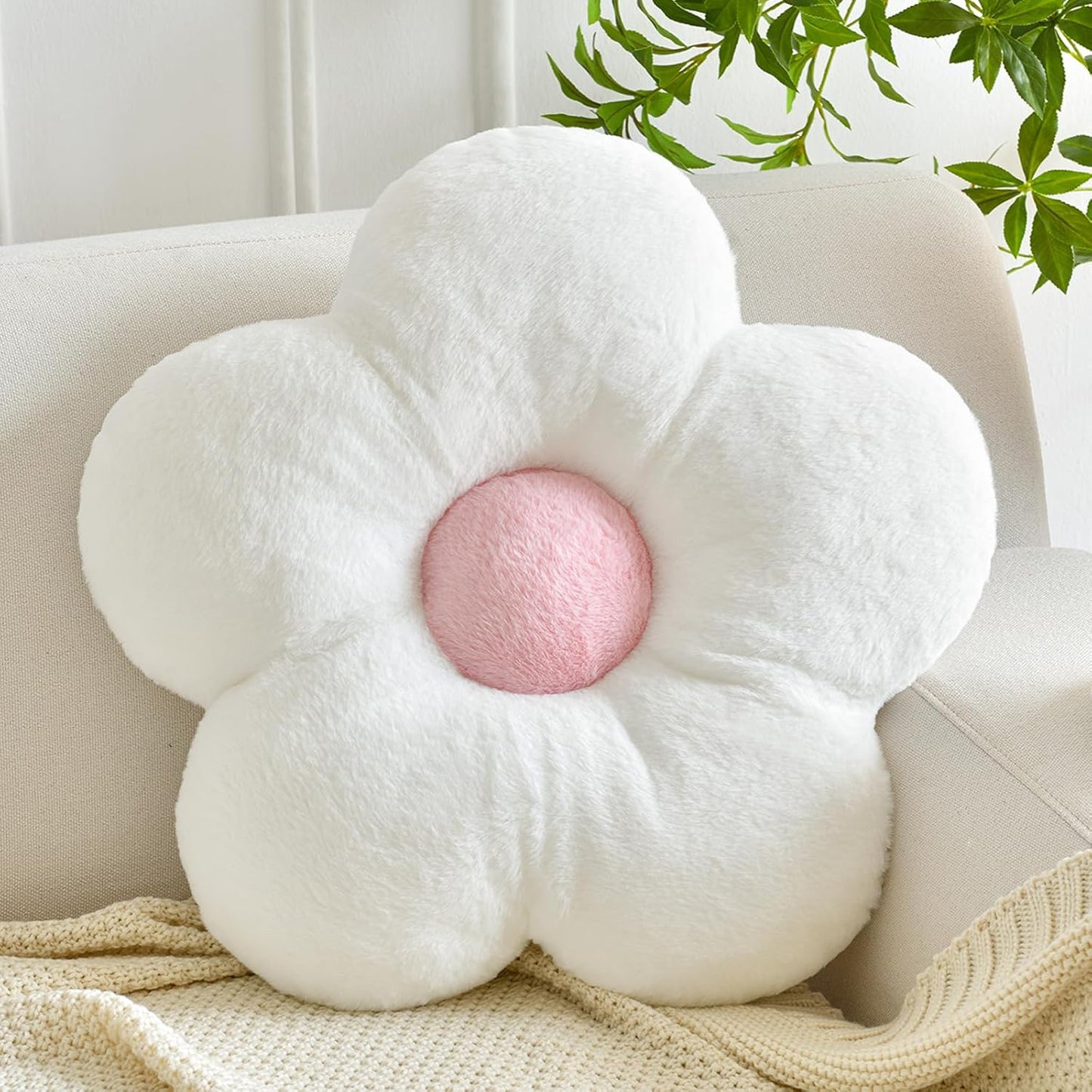 Flower Pillows, Soft Flower Shaped Pillow with Home Decorative for Couch Chair Bed,Flower Floor Throw Pillows for Adults Bedroom Living Room (White, 15 Inches)