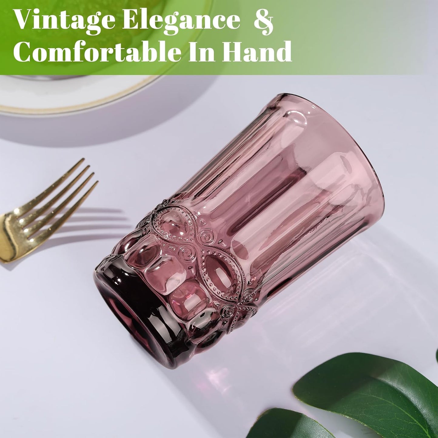 Joeyan Vintage Drinking Glasses Set of 4, 14oz Highball Glass Water Tumbler with Embossed Serpentine Pattern, Colored Tall Glassware Beverages Cups for Christmas Wedding Party Banquet, Multicolor