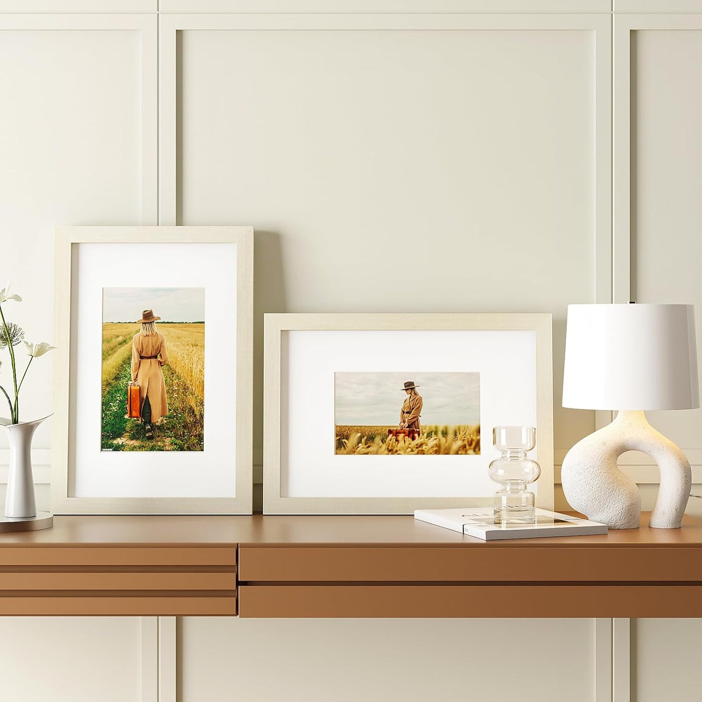 Egofine 8x12 Picture Frames Set of 4, Made of Solid Wood Covered by Plexiglass 5x7 and 6x8 with Mat or 8x12 without Mat, for Table Top Display and Wall Mounting Photo Frame Beige