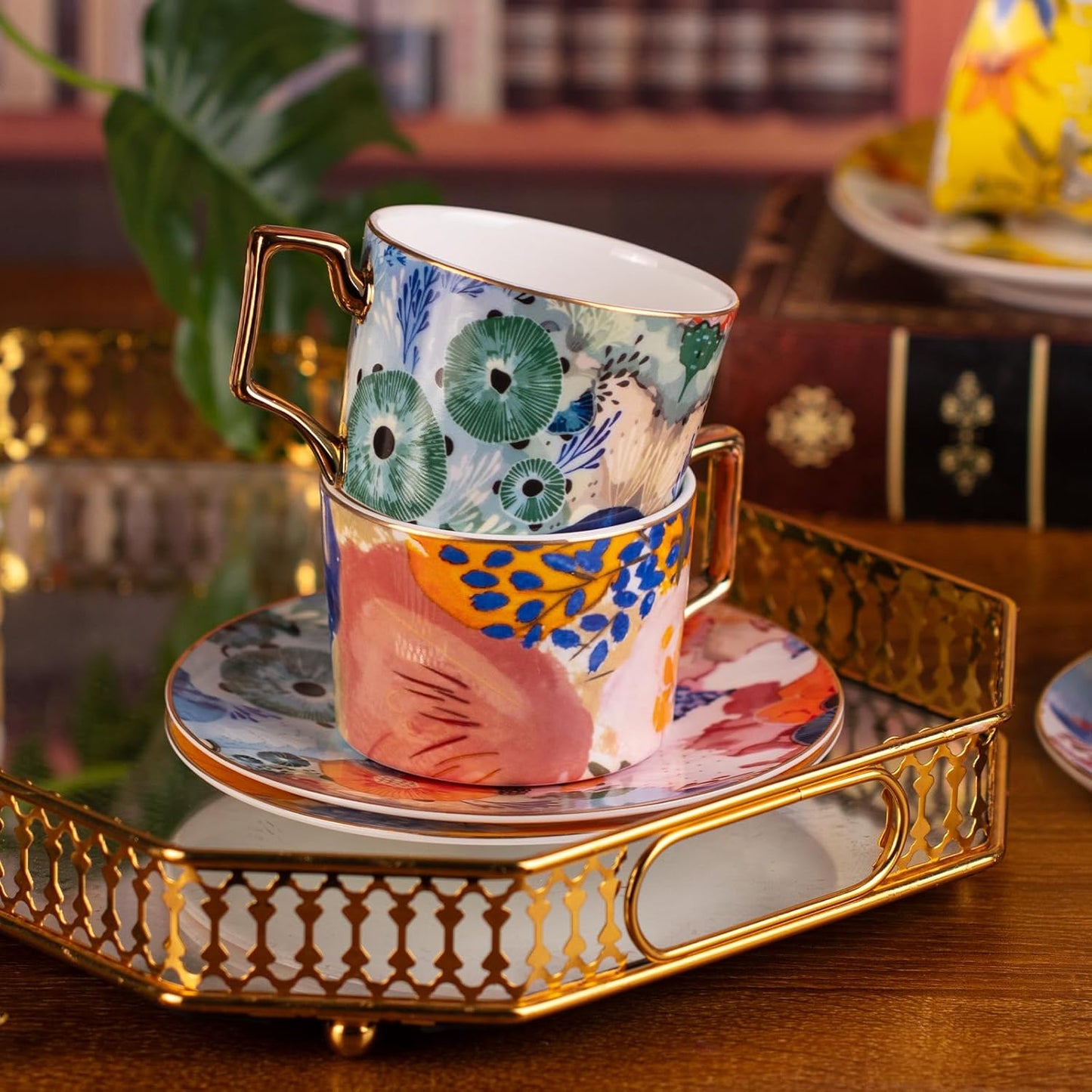 KAMMAK Tea Cups and Saucers Set of 2, Fine Bone China Coffee Cups, 8.5-Ounce Stackable Espresso Mugs, Ceramic Demitasse for Coffee, Cappuccino, Latte, Americano, Tea, Floating World