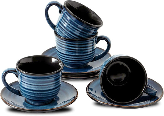 Hasense Ceramic Cappuccino Cups and Saucers Set of 4, 8 oz Tea Coffee Cups Set for Home and Office, Espresso Mugs for Coffee, Cappuccino, Latte, Americano, Milk and Tea - Navy Blue