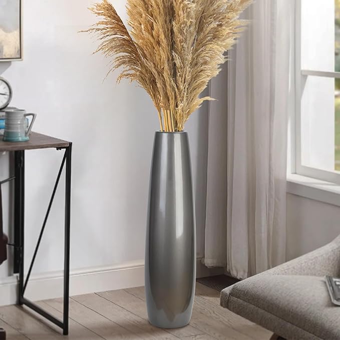 Silvery Ceramic Tall Floor Vase,28 Inch Large Modern Flower Vases for Home Décor,Wicker Big Floor Vase Decorations for Farmhouse, Living Room,Bedroom,Standing Plastic Vase Decorative Tall