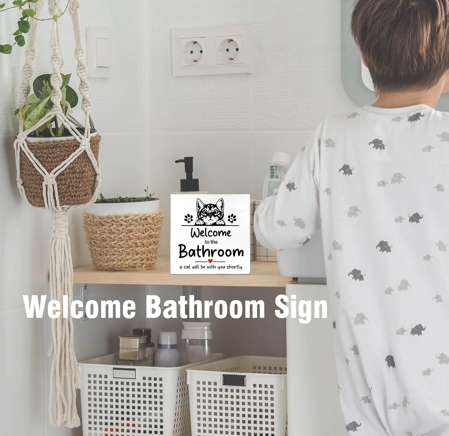 Funny Tabby Cat Bathroom Decor Art Wall Desk Decor Wood Box Sign, Bathroom Signs, Welcome To The Bathroom A Cat Will Be With, Cats Lover Gifts, 5x5 inch