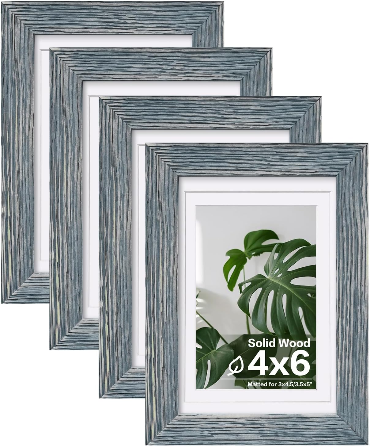 Egofine 4x6 Picture Frames Set of 4, Made of Solid Wood Covered by Plexiglass 3.5x5 with Mat or 4x6 without Mat, for Table Top Display and Wall Mounting Photo Frame Rustic Blue