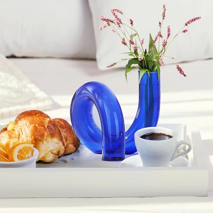 Joeyan Handmade Small Blue Glass Flower Vase,Decorative Geometric Glass Bud Vase for Modern Home Centerpieces Living Room Office,4.72" Abstract Vase for Single Flower and Dry Flowers