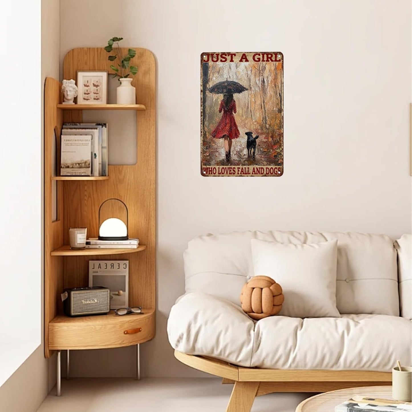 Metal Signs Just A Girl Who Loves Fall And Dogs Tin Signs Autumn Aluminum Sign for Living Room Bedroom Bar Cafe Yard Garden Office Wall Decor 12×8 Inch