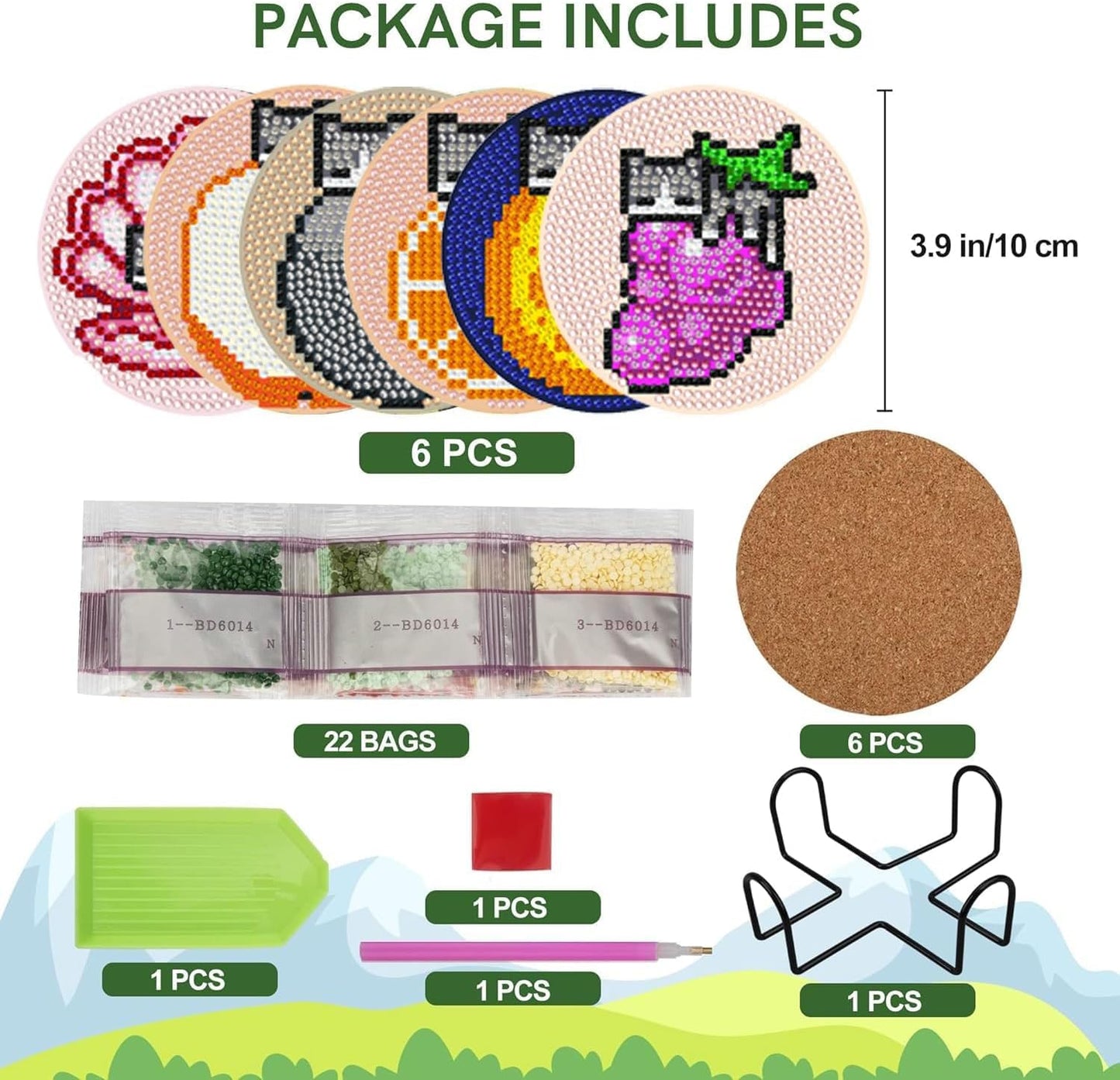 EWJRNSF 6 PCS Small Diamond Art Coasters Kits, Diamond Painting Coasters, Fall Diamond Art Kits for Adults Beginners, Arts and Crafts Item Sets with Holder for Drinks. Cat