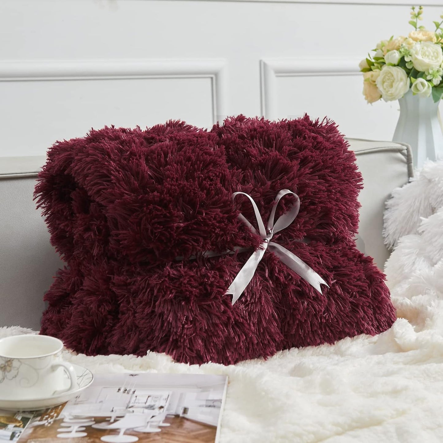 GONAAP Fuzzy Faux Fur Throw Blanket Wine Red Super Soft Cozy Plush Fuzzy Shaggy Blanket for Couch Sofa Bed (Wine Red, Throw(50"x60"))