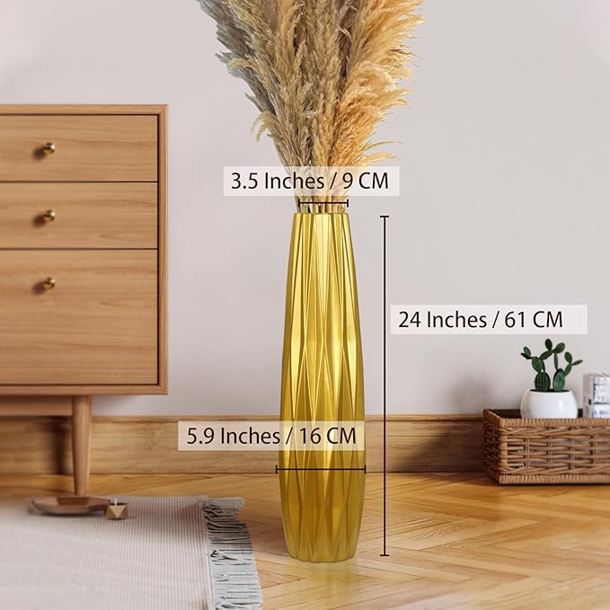 Gold Ceramic Tall Floor Vase,24 Inch Large Modern Flower Vases for Home Décor,Wicker Big Floor Vase Decorations for Farmhouse, Living Room,Bedroom,Standing Plastic Vase Decorative Tall