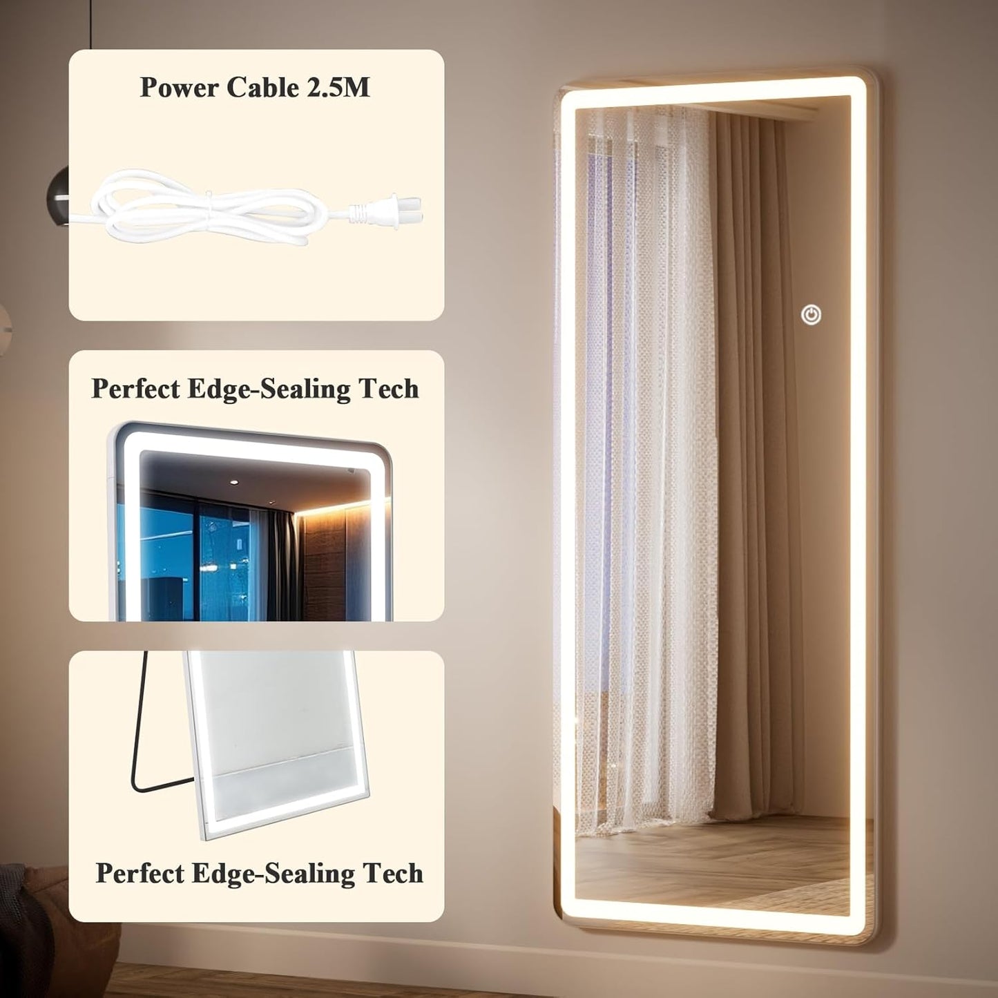 LED Full Length Mirror - 65" x 24" Mirror Full Length with Rounded Corner, Floor Standing for Bedroom/Dressing Room, 3 Color Lighting, White