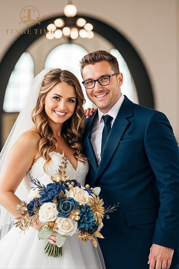 TINGE TIME Roses Artificial Flowers Blue Faux Flowers Bulk for DIY Bridal Wedding Bouquets Baby Shower Centerpiece Table Home Decorations(Navy Blue)