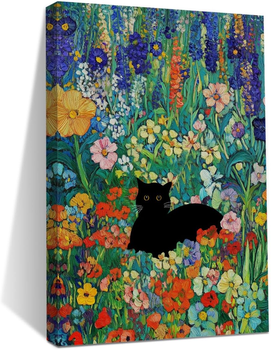 HZMLYDJ Cute Garden Cat Wall Art Garden Flowers Cat Aesthetic Design Posters Vintage Canvas Wall Art for Room Bedroom Living Room Bathroom Decor, Trendy Paintings Aesthetic Cats Lovers Decoration