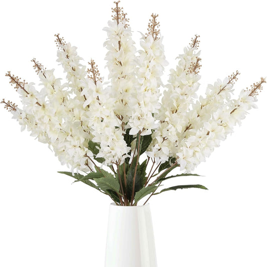 IPOPU 5PCS White Artificial Hyacinth Flower Fake Silk Delphinium 34.2inch Long Stem Hyacinth Flower Lifelike Snapdragon Flowers for DIY Wedding Kitchen Home Garden Office Decor(White)