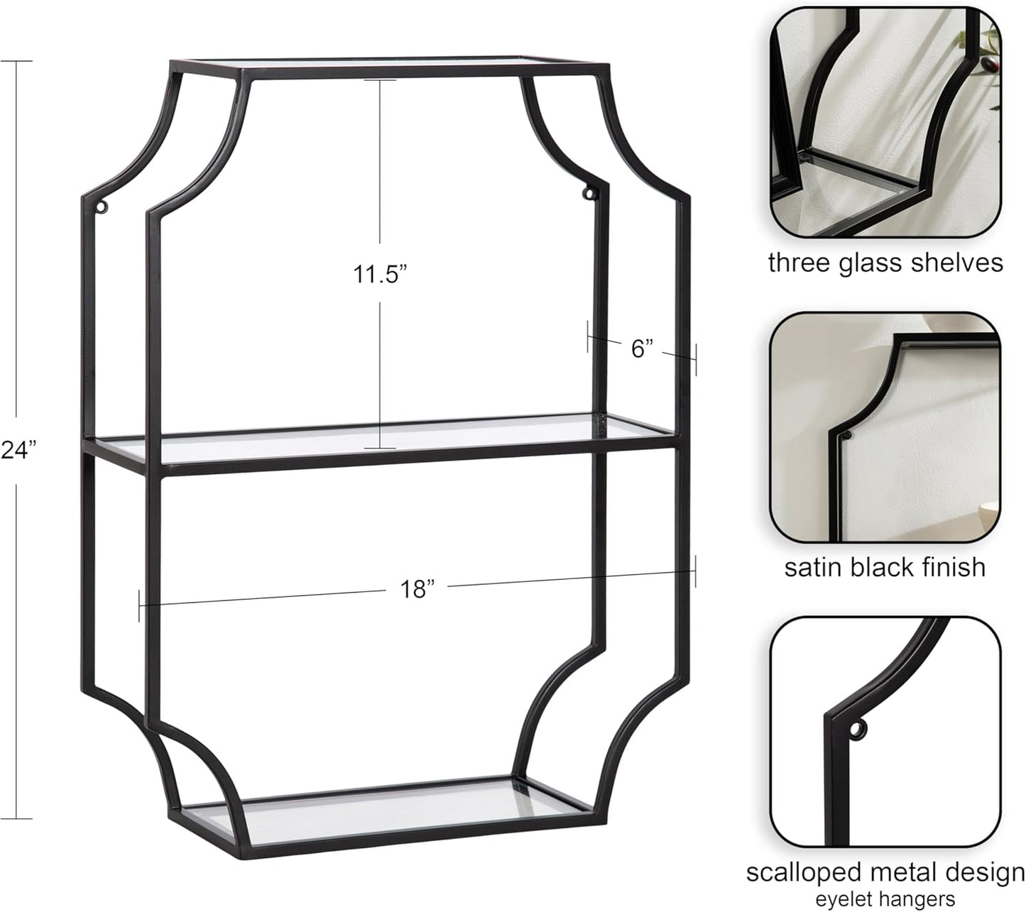 Kate and Laurel Ciel Glam Geometric Rectangular Wall Shelf; 18 x 24; Black; Decorative Shelves for Use as Over-The Toilet Storage or Bedroom Display Shelving