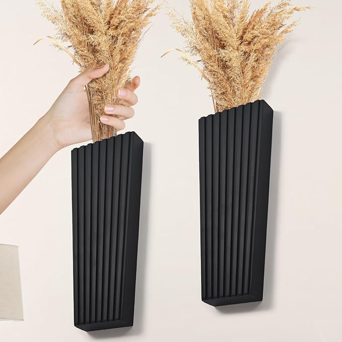 2PCS Wood Wall Planter for Indoor Plants, Wooden Hanging Planter for Dried Flowers and Artificial Greenery Plants,Modern Farmhouse Wood Wall Decor for Living Room,Bedroom,Bathroom(Black)