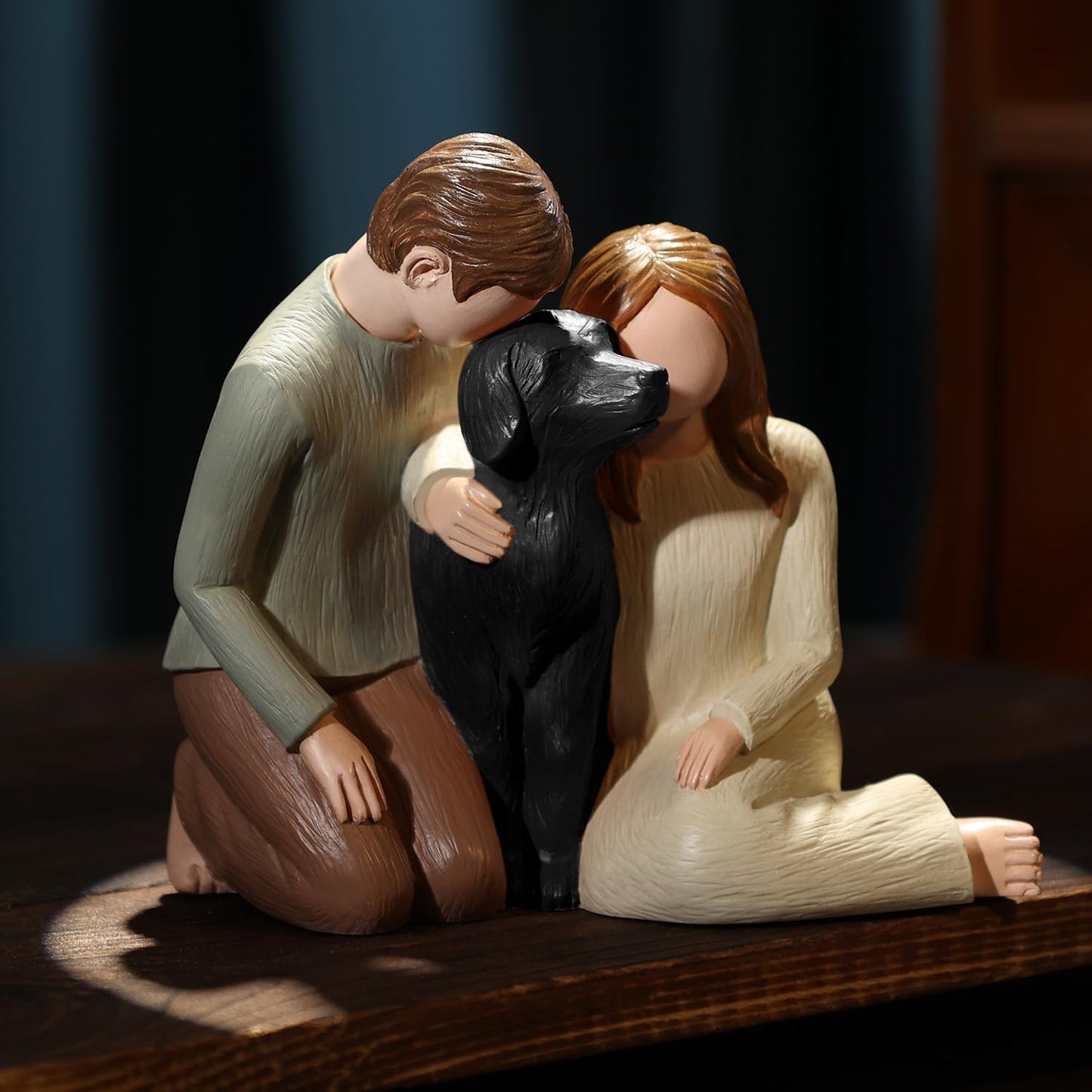 Couple with Black Dog Figurines, We are A Family Memorials Statues for Dog Lovers