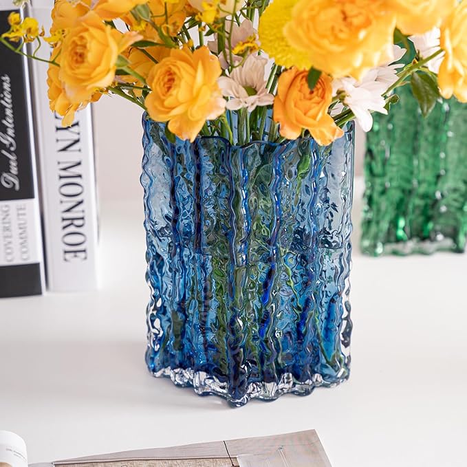 Glass Vase for Centerpieces, Diamond Shaped Vase for Flower, Modern Glacier Glass Vase for Home, Office Restaurant Desk Decor 8.3 Inch(Blue)