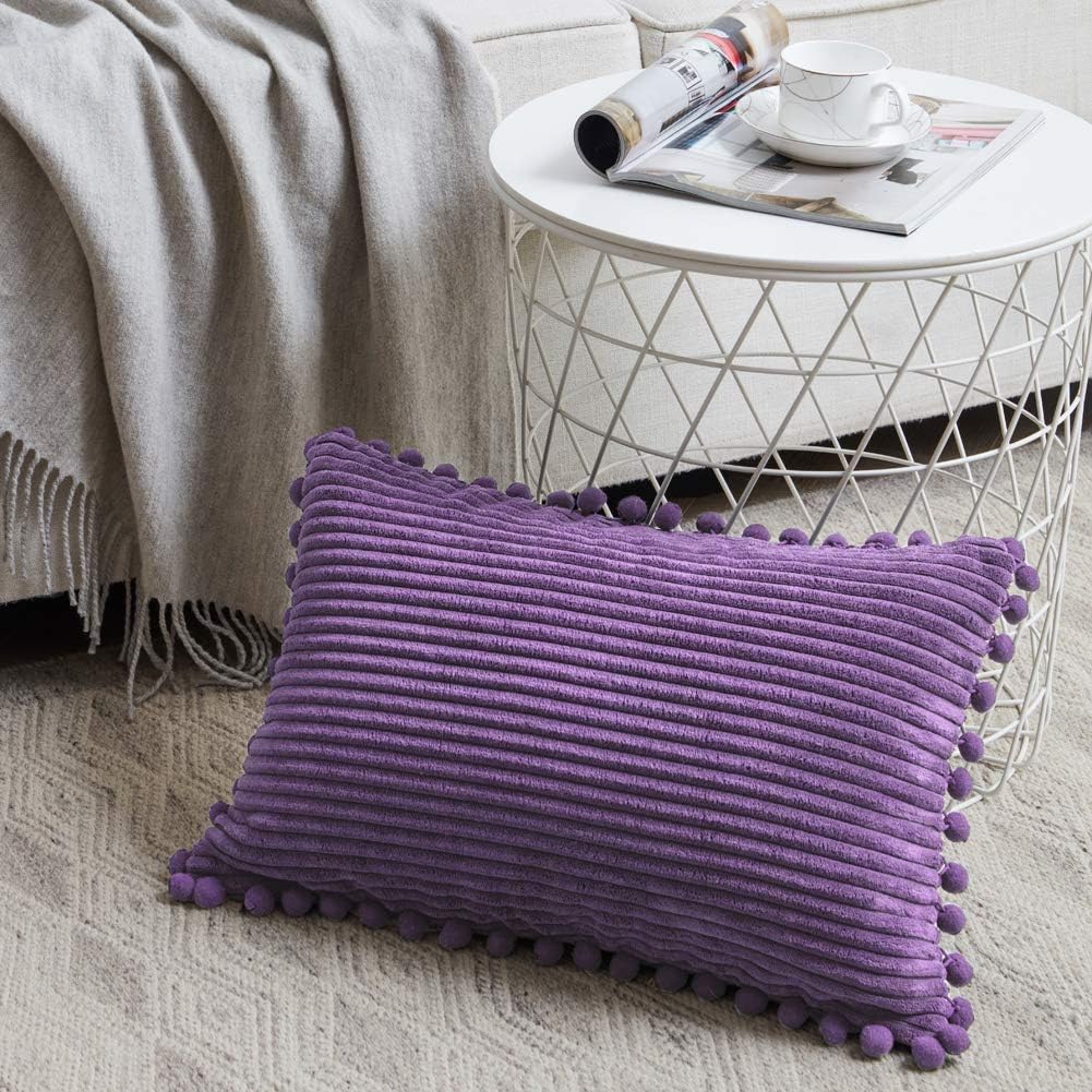 Fancy Homi Pack of 2 Boho Lumbar Decorative Throw Pillow Covers with Pom-poms, Soft Corduroy Solid Rectangle Cushion Cases Set for Living Room Couch Sofa Bedroom Car (12x20 Inch/30x50 cm, Purple)