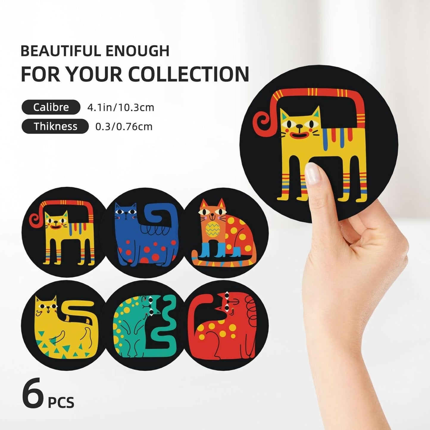 Cute Colorful Cat Absorbent Drink Coasters with Holder, Set of 6 Ceramic Coasters with Cork Base for Table Decor