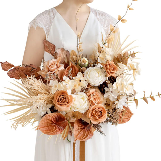 Ling's moment Boho Bridal Bouquet, Rustic Wedding Bouquets for Bride, 17 Inch Silk Free Form Fall Terracotta Artificial Wedding Flower Bouquet
