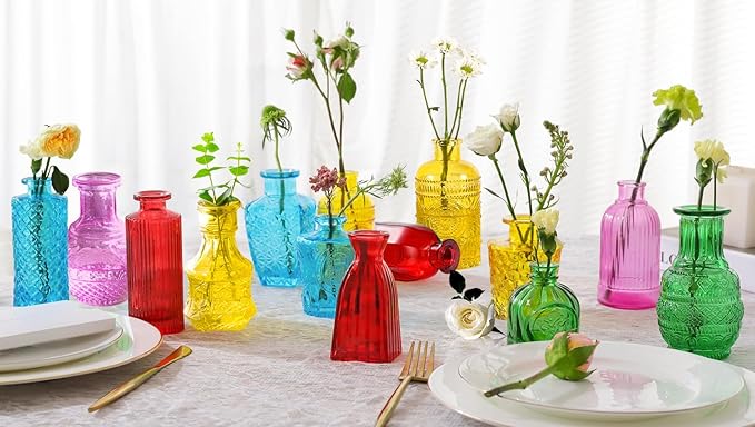Colored Glass Bud Vases Set of 24, Vintage Small Vases for Flowers, Crystal Mini Glasses in Bulk, Small Flower Design for Centerpieces Wedding Decorations Home Flower Party Decor