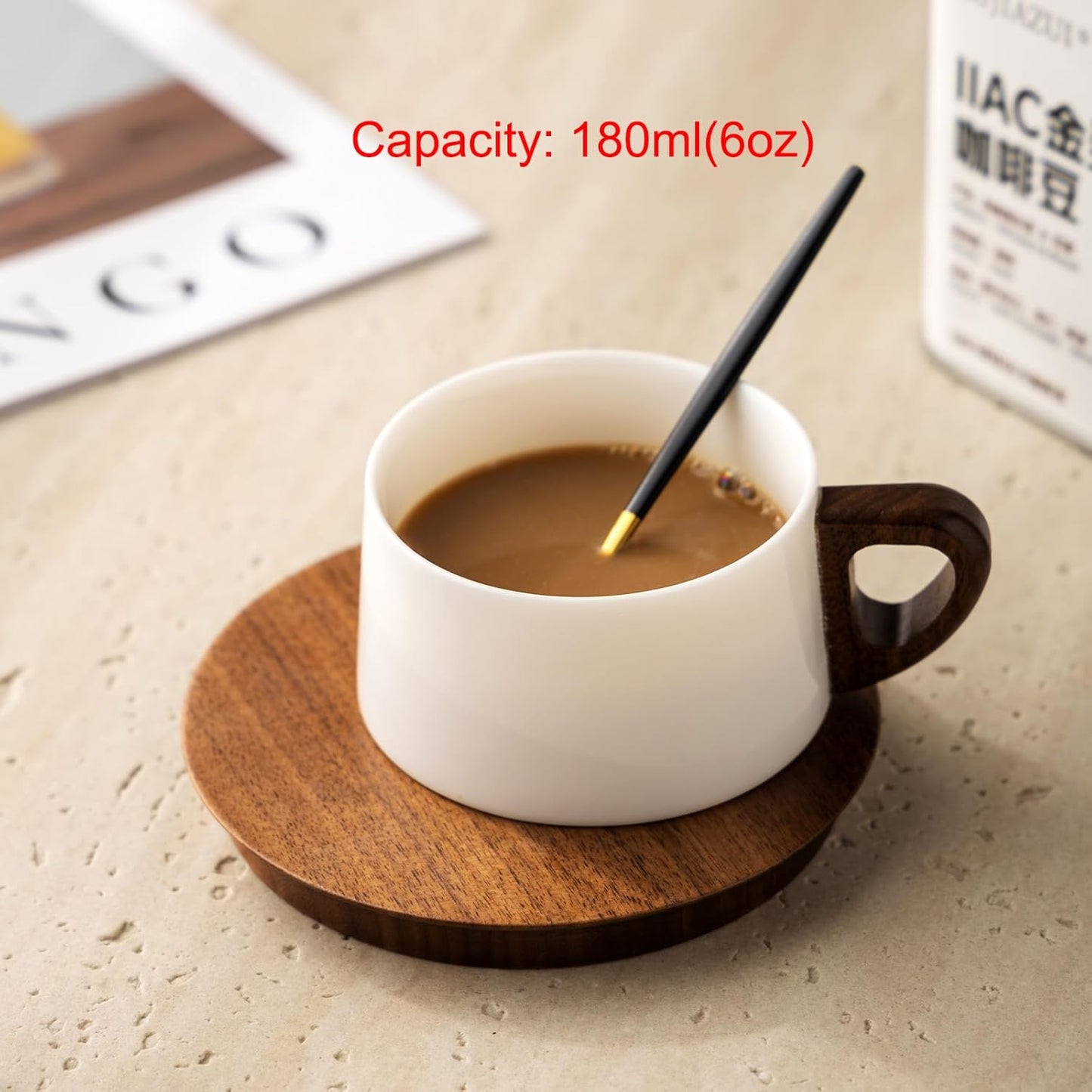 GLLead White Tea Cup and Saucer Set Ceramic Espresso Coffee Cup with Wooden Plate Stainless Spoon 6oz Set of 1 (GL-CS01)