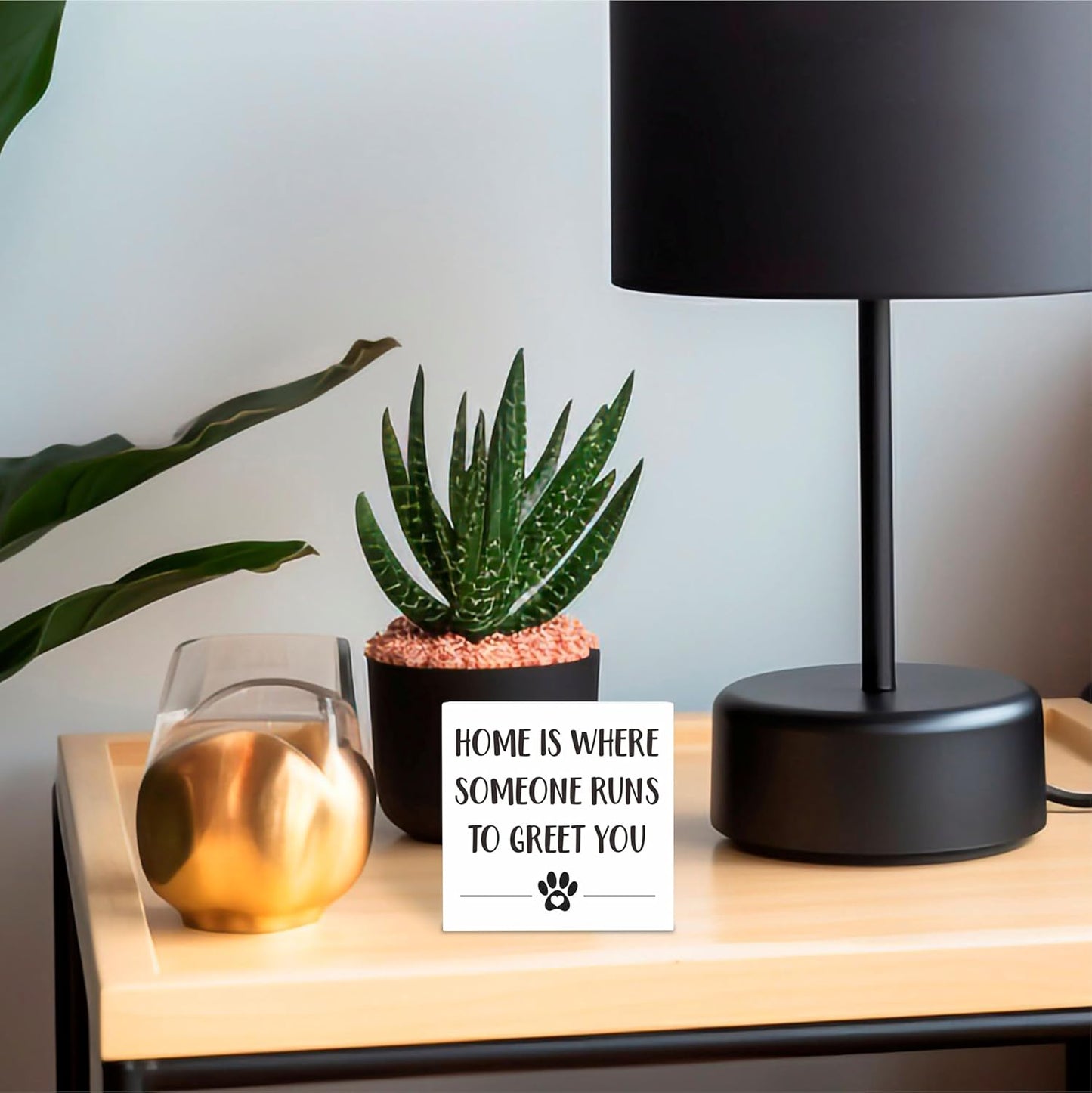 Dog Theme Wooden Block Sign - Home Is Where Someone Runs To Greet You - 4"X4" Decorative Pine Wood Plaque, Home & Office Desk Decor, Dog Lover Gift, Room Tabletop, Shelf Accessories - A07