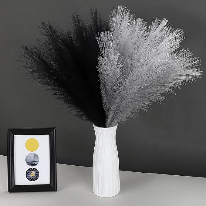 60 Pcs Pampas Grass Black and Light Grey Decor 21.7" Fluffy Faux Short Pampas Grass Artificial Small Pompas Grass Flower Vase Filler for Home Wedding Decoration