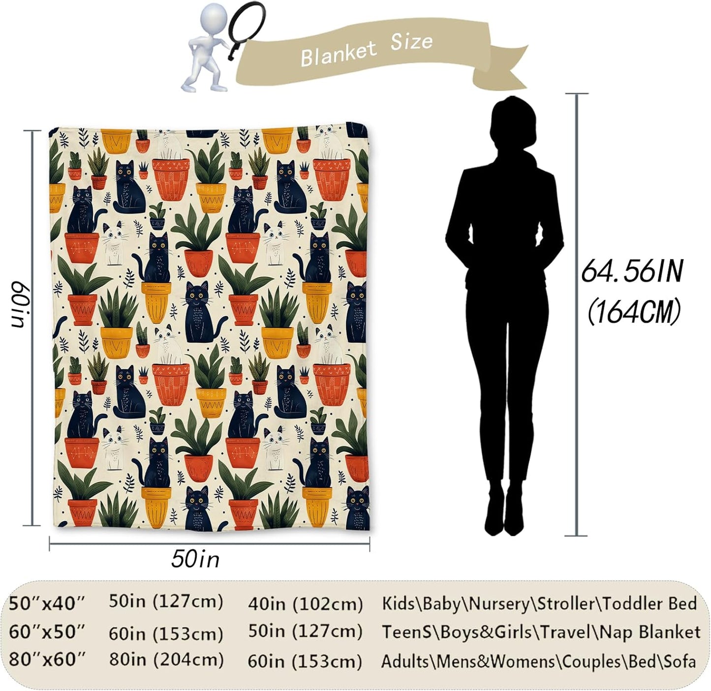 Cute Cats & Potted Plants Blanket - Soft Lightweight Cozy Flannel Throw Blanket for Adults Kids Pet Lovers, Warm Fluffy Fuzzy Blankets for Couch, Bed, Travel, Outdoor, Home Decor 60×50 in