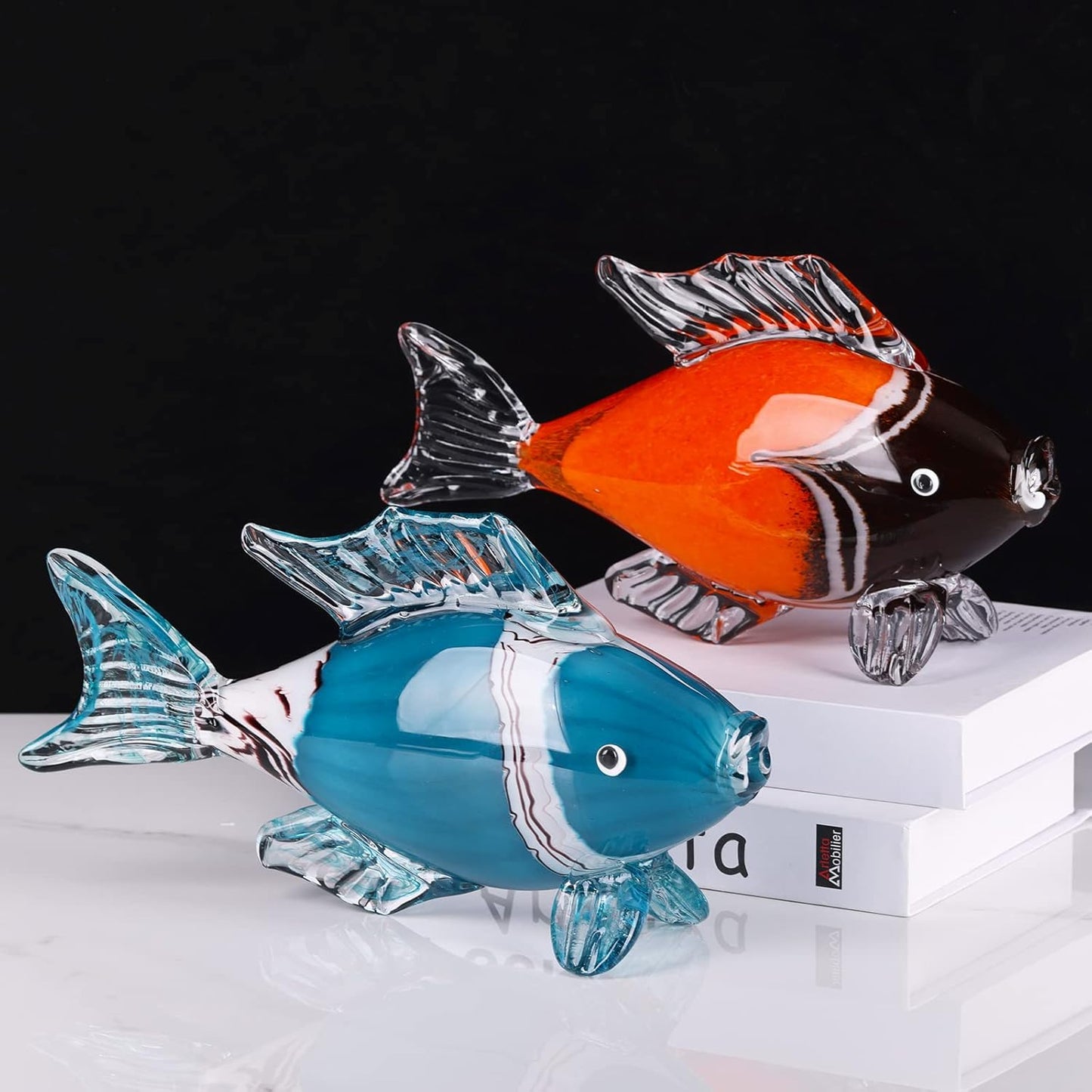 LCCCK Large Glass Fish Statue, Hand Blown Glass Sea Life Figurines, Coastal Decor for Home,Tropical Fish Ornaments Collectible Figurines, Coffee Table, Shelf, Office, Bathroom Decoration Nautical Art