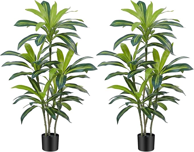 4Ft Dracaena Plant Artificial Tree Fake Tropical Floor Plants Potted (Real Touch) Artificial Silk Tree Leaf Faux Trees Black Tall Planter for Home Office Living Room Indoor Outdoor Decor（2Pack）