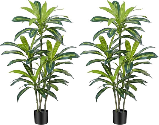 4Ft Dracaena Plant Artificial Tree Fake Tropical Floor Plants Potted (Real Touch) Artificial Silk Tree Leaf Faux Trees Black Tall Planter for Home Office Living Room Indoor Outdoor Decor（2Pack）