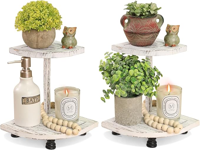 Tikea Decorative Wood Risers for Display, 2-Pack Farmhouse Corner Shelf for Kitchen Bathroom Counter Decor, Farmhouse Risers for Soap Dispenser, Decorations and Plant (White)