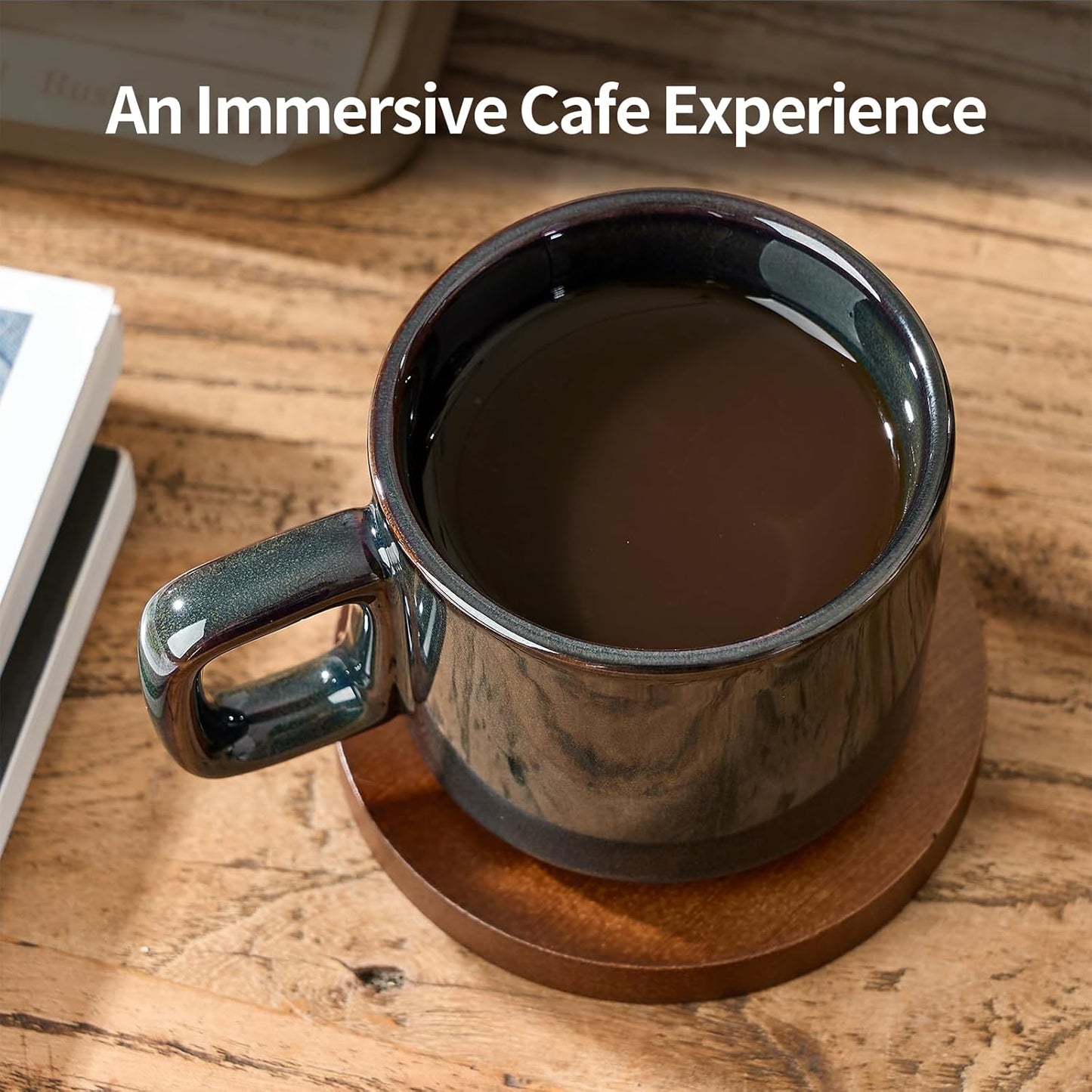 LUKA Porcelain Stackable Espresso Cups with Saucers and Metal Stand, 4 Ounce Small Ceramic Demitasse Cups Set for Latte, Specialty Coffee Drinks, Cafe Mocha,Tea - Set of 4, Reactive Dark Green