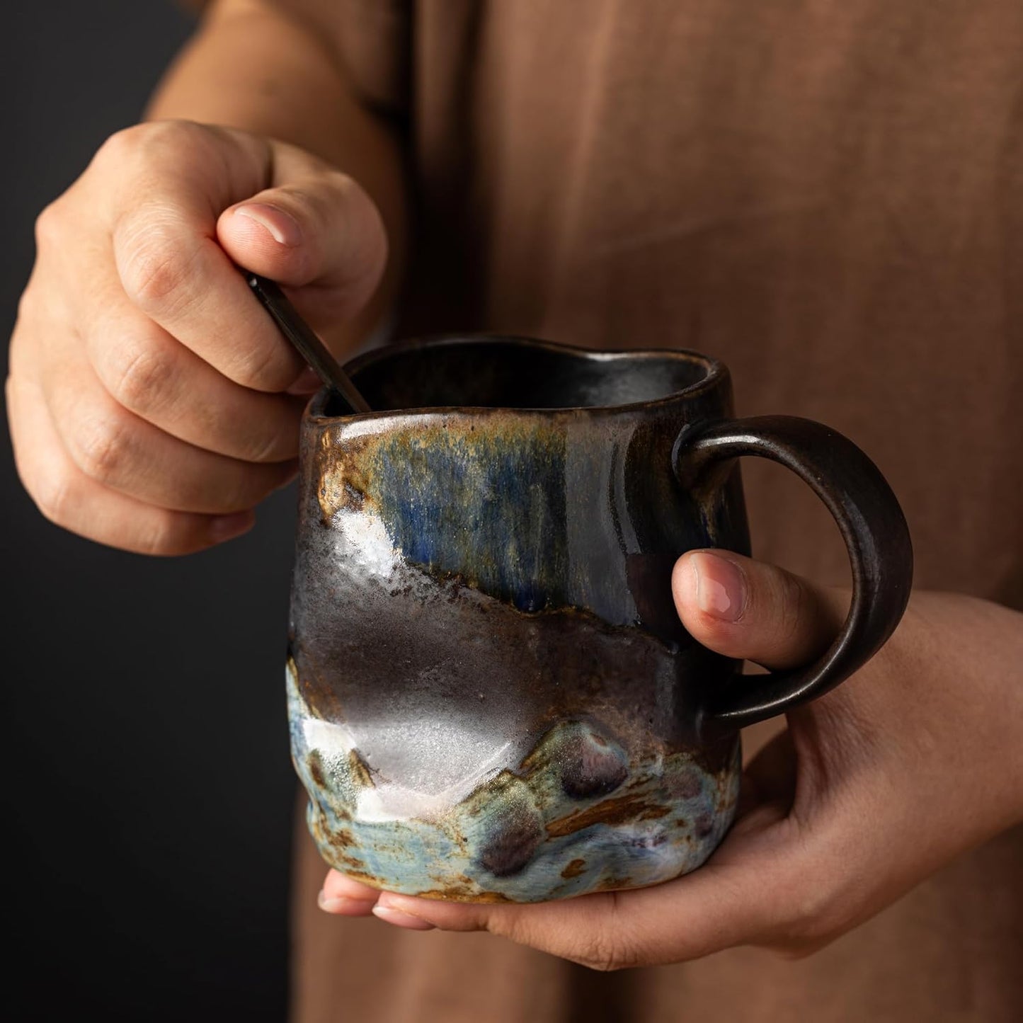 Handmade Ceramic Coffee Mugs, Mugs with Coffee Spoon, 11oz, Handmade Pottery Mug with Handle, Hand-painting, Unique Uneven Surface Tea cups, Dishwasher and Microwave Safe (Coffee Color)