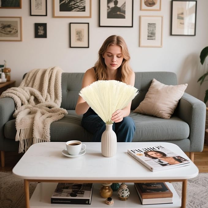 30 Pcs Yellow Faux Pampas Grass, 17 Inches Artificial Pampas Grass Bulk, Short Fluffy Faux Pompas for Vase Filler, Home Boho, Wedding Anniversaries, Baby Shower Decoration