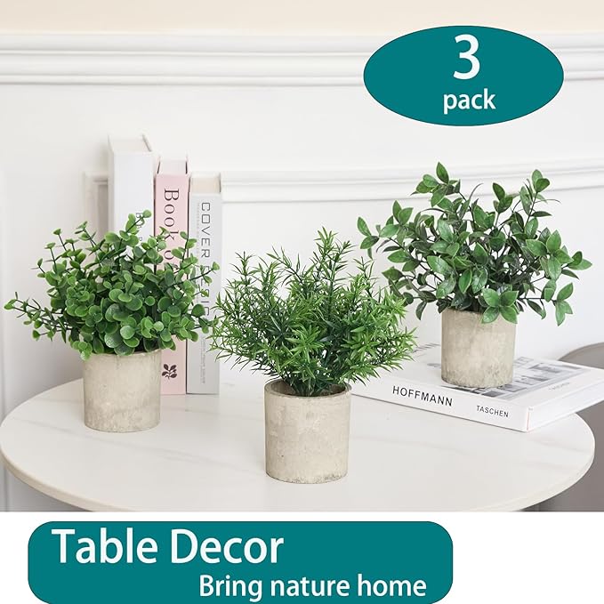3 Pack Fake Potted Plants Artificial Eucalyptus Small Topiaries Lifelike Faux Plants for Home Office Coffee Room Desk Decor (Dark Green)