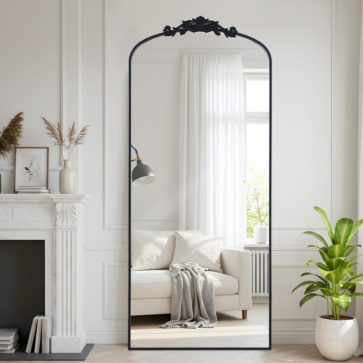 Filigree Floor Mirror 71"x30" Full Length Freestanding with Vintage Ornate Carved Applique Full Body Mirror Hanging Wall Mounted for Living Room Bedroom Retro Home Decor Mirror, Black