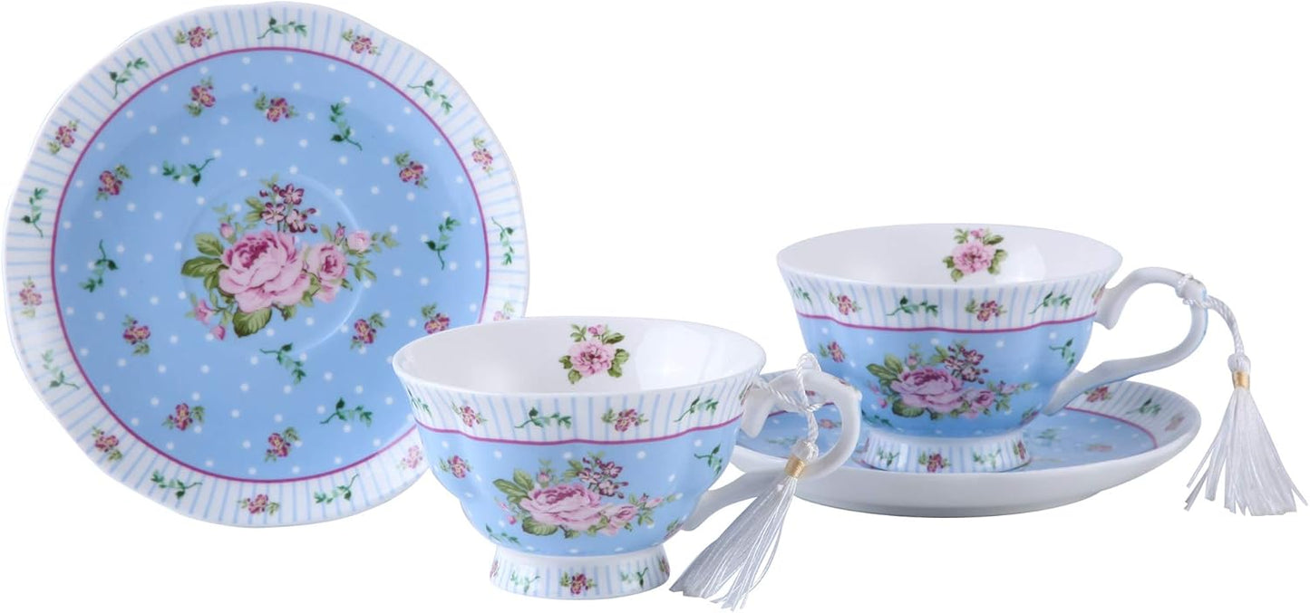 London Boutique Coffee Tea Cups and Saucers Set Afternoon Tea Vintage Flora Rose Gift Box 7.5oz (Rose Blue Set 2)