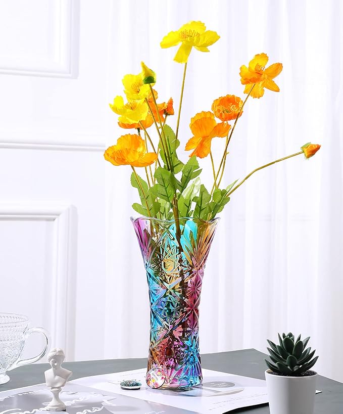 Glass Colorful Vase,Glass Flower Vase Decor for Home Dining Table Living Room,Office Wedding Holiday Party,Handmade Pattern(Sun Flower)