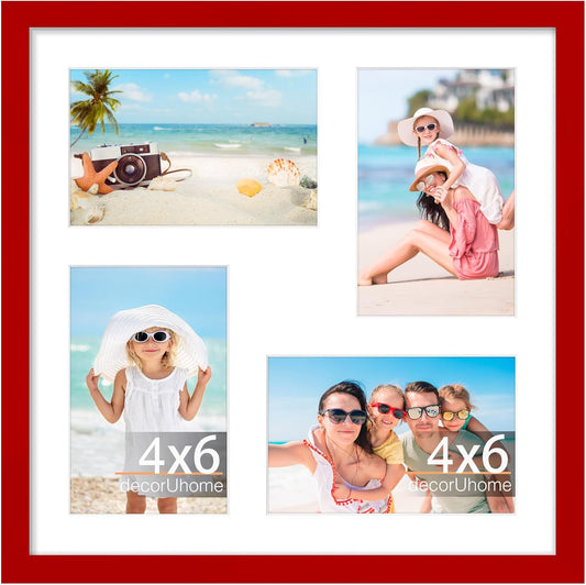 decorUhome 12x12 Picture Frames Collage Wall Decor, Display 4Pcs 4x6 Photos with Mat or 1Pcs 12x12 Unmatted, 4 4x6 Collage Picture Frames for Wall Mounting, Red