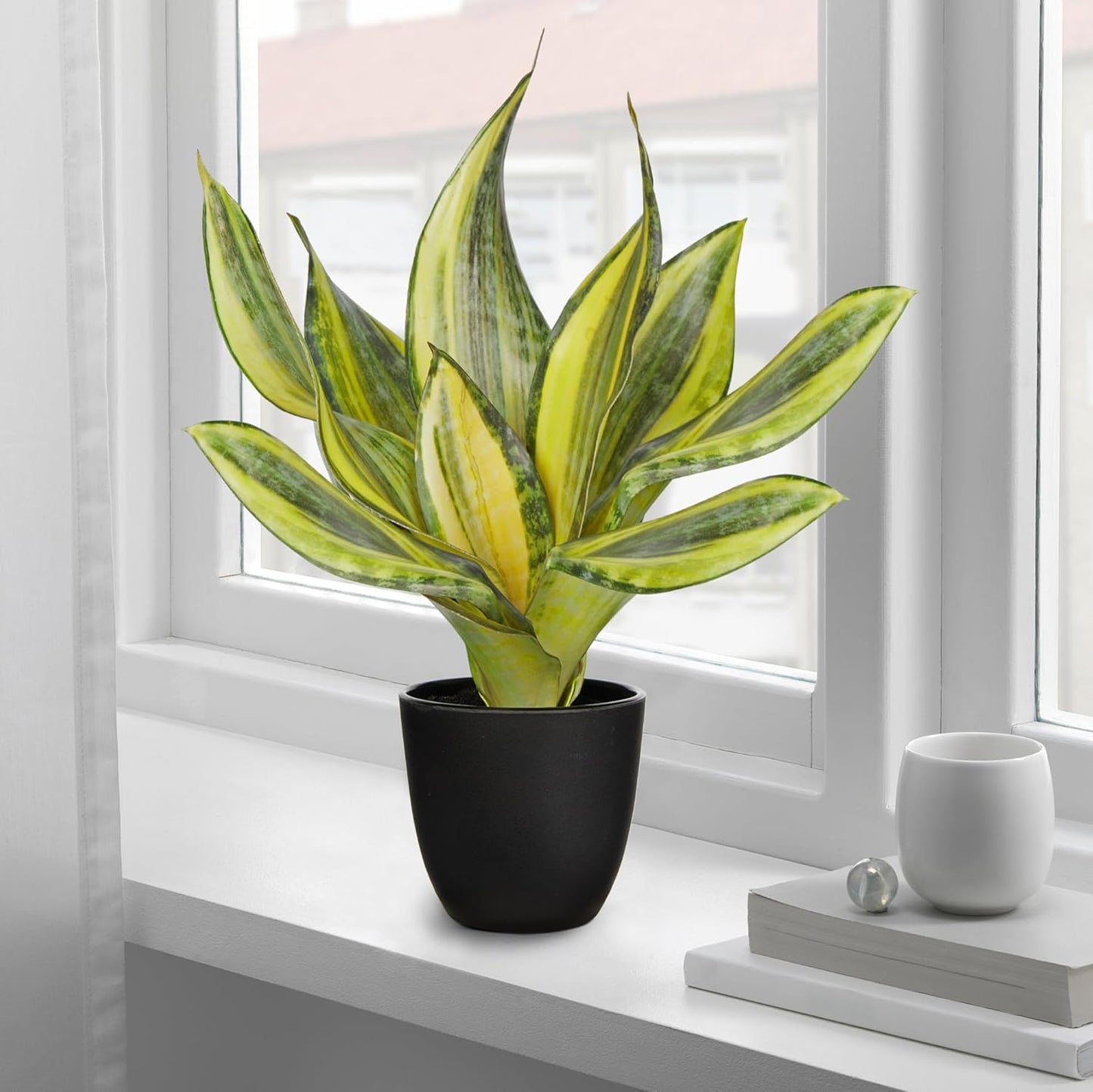 Fake Plant 11.22 Inch Fake Snake Plant Artificial Plants Indoor Sansevieria Faux Plants with Black Pot Artificial Snake Plant for Living Room Bathroom Office Table Centerpieces Shelf Home Decor