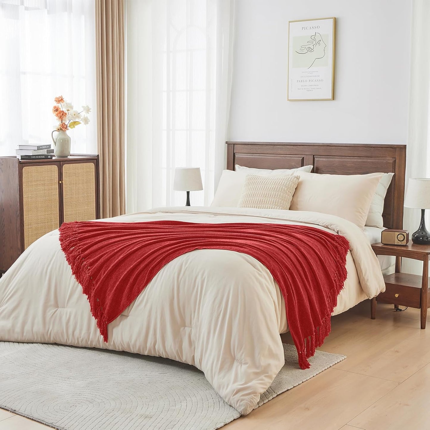 CozeCube Chenille Throw Blanket for Couch, Cozy Plush Fuzzy Decorative Christmas Red Blanket with Fringe Tassels, Lightweight Throws for Bed Sofa Gift Home Decor, 50"X60"