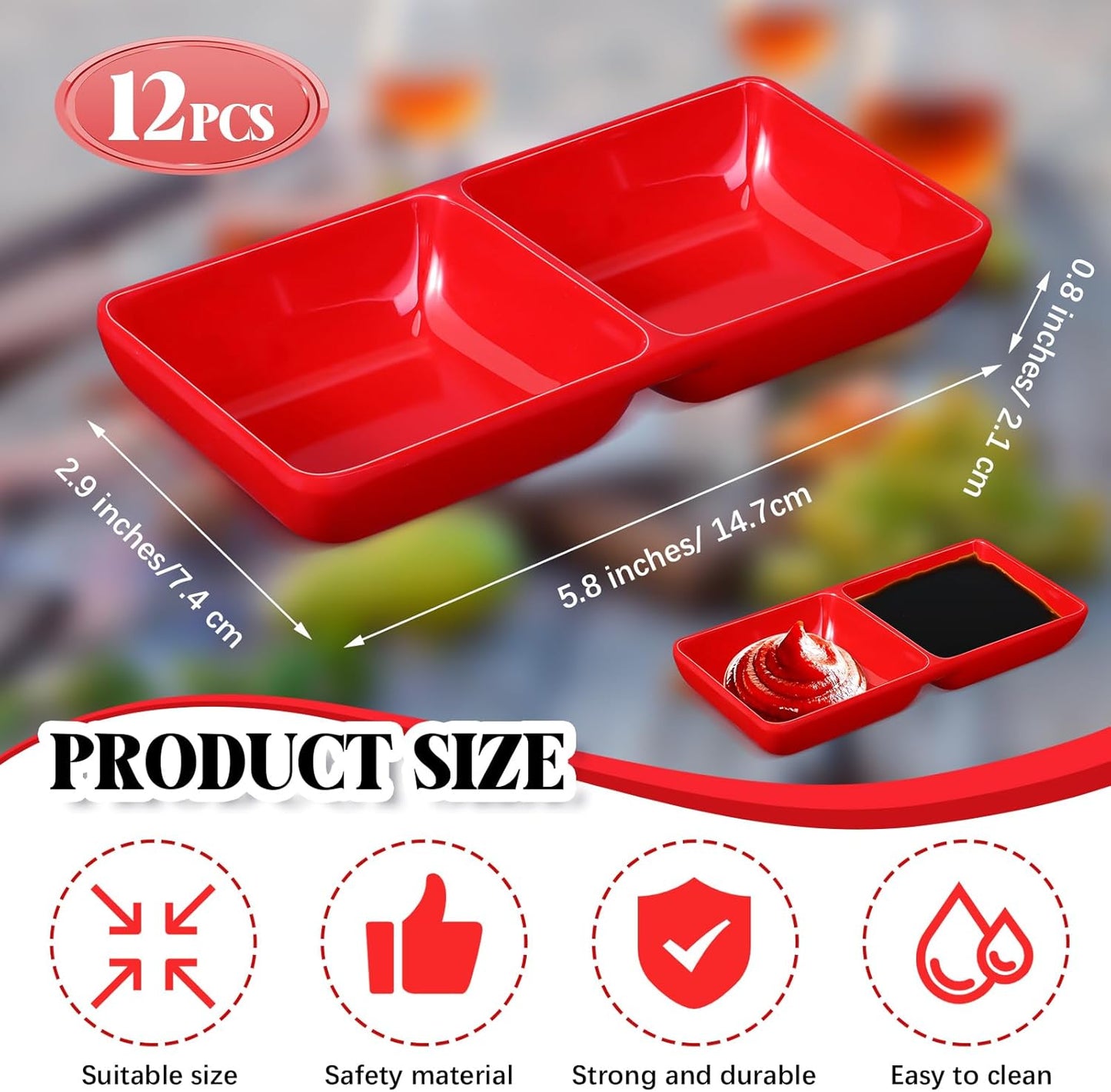 Gejoy 12 Pcs Dual Dipping Sauce Bowls Soy Sauce Dish Bowls Two Compartments Party Trays Divided Fondue Plates for Restaurant Kitchen Sushi Soy (Red)
