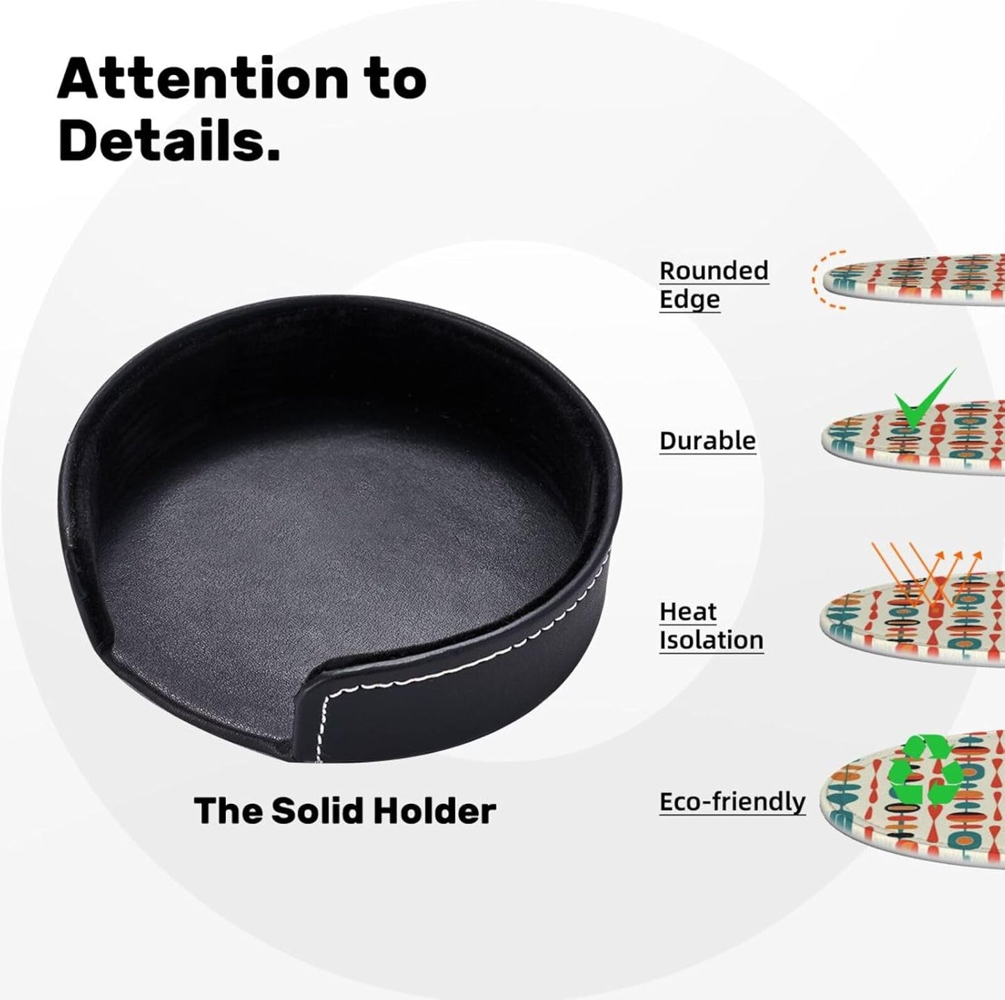 Mid Century Modern Style Leather Drinks Coasters with Holder, Set of 6, Suitable for Various Cups