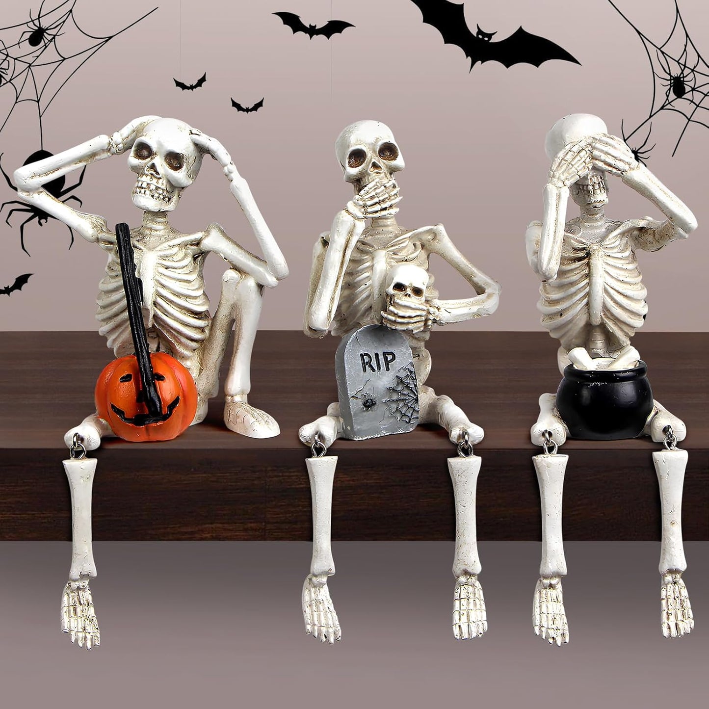 Halloween Skeleton Stalue Set of 3, Gothic Decoration of Skull with Pumpkinand Tombstone, See Speak Hear No Evil Statues Home Decor