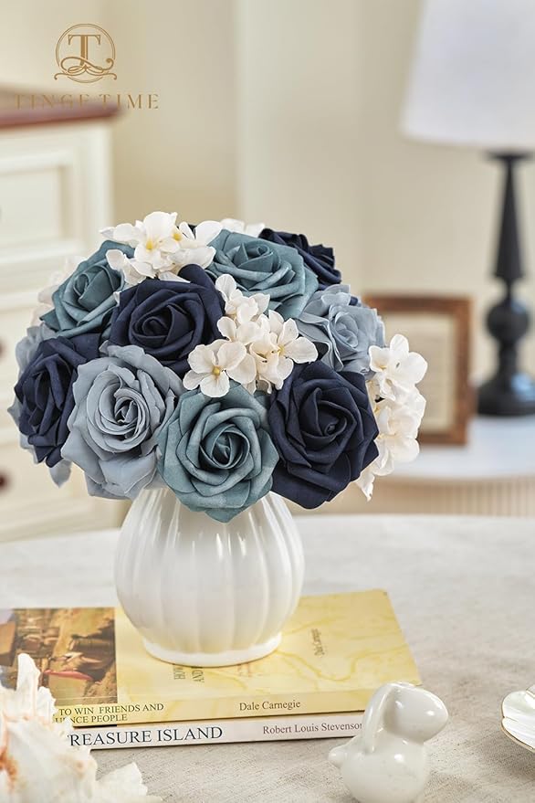 TINGE TIME Navy Blue Artificial Flowers Combo Box Set, Gradient Color Fake Flower Leaf with Stems for DIY Wedding Bouquets Table Centerpieces Baby Shower Home Party Floral Arrangements Decorations